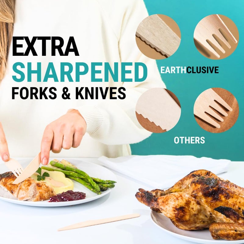 EarthClusive 300pcs Disposable Wooden Cutlery Set (150 Forks, 100 Spoons, 50 Knives) Our Heavy Duty Compostable Wood Utensils is FSC Certified Protecting Forests. Zero Plastic Cutlery For Any Occasion - Image 3